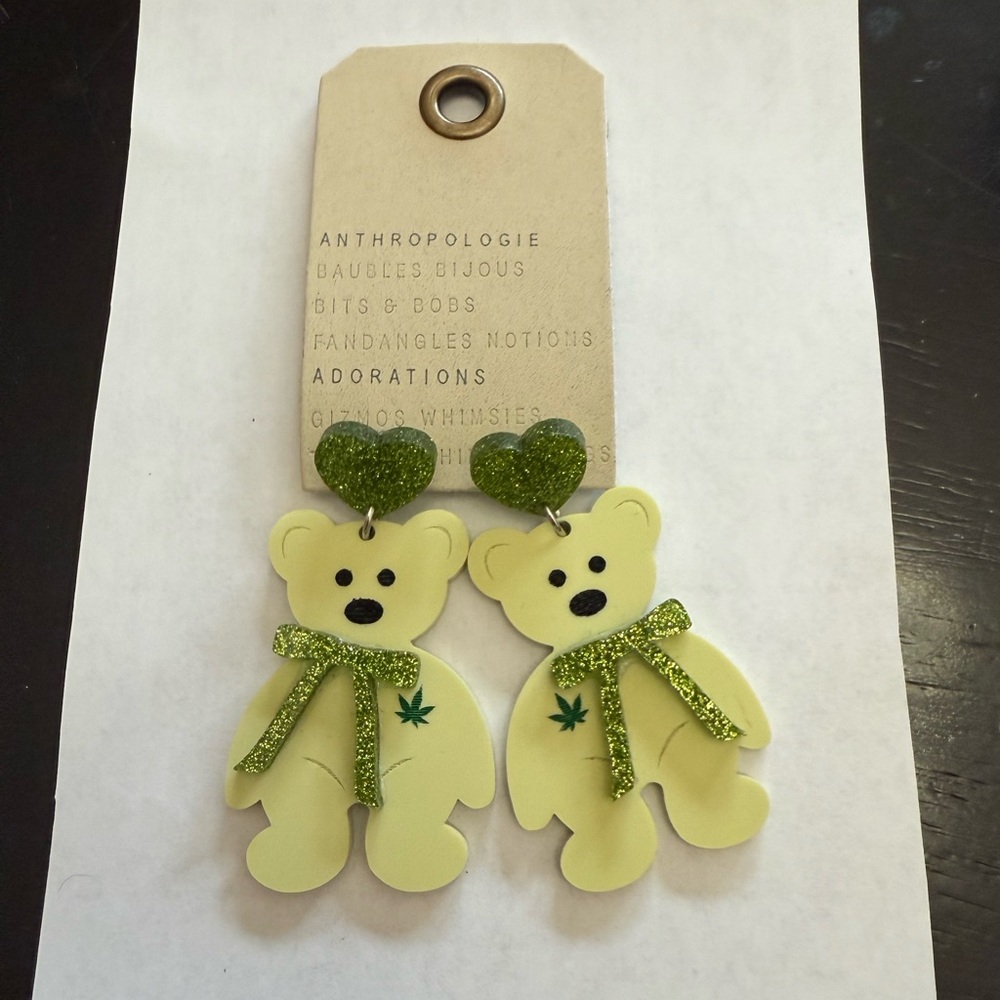 Acrylic Green  teddy Bear weed Earrings